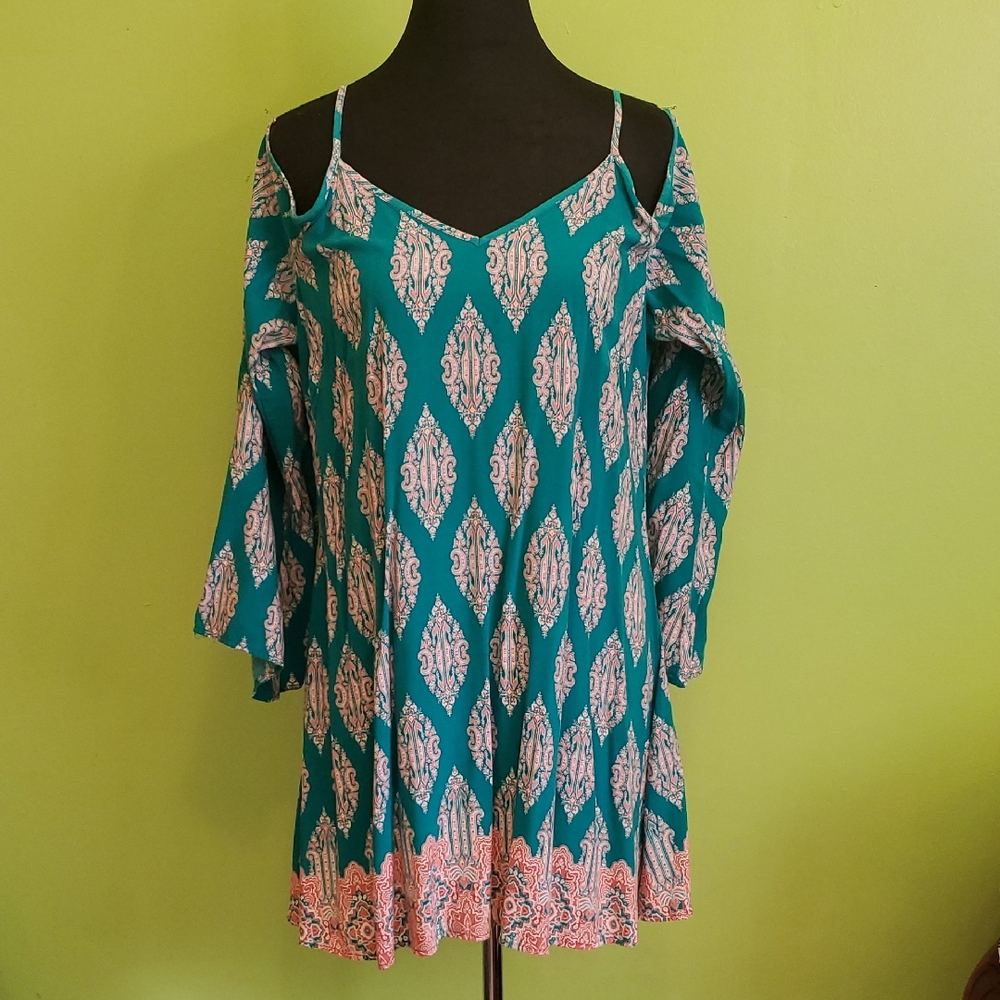 Xhilaration Teal and Rust Patterned Dress